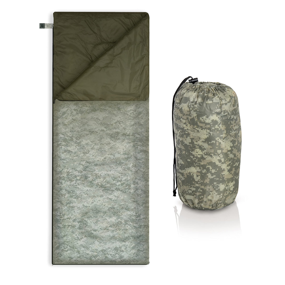 Maxam front view digital camo sleeping bag showing roomy rectangular shape and zipper for comfort
