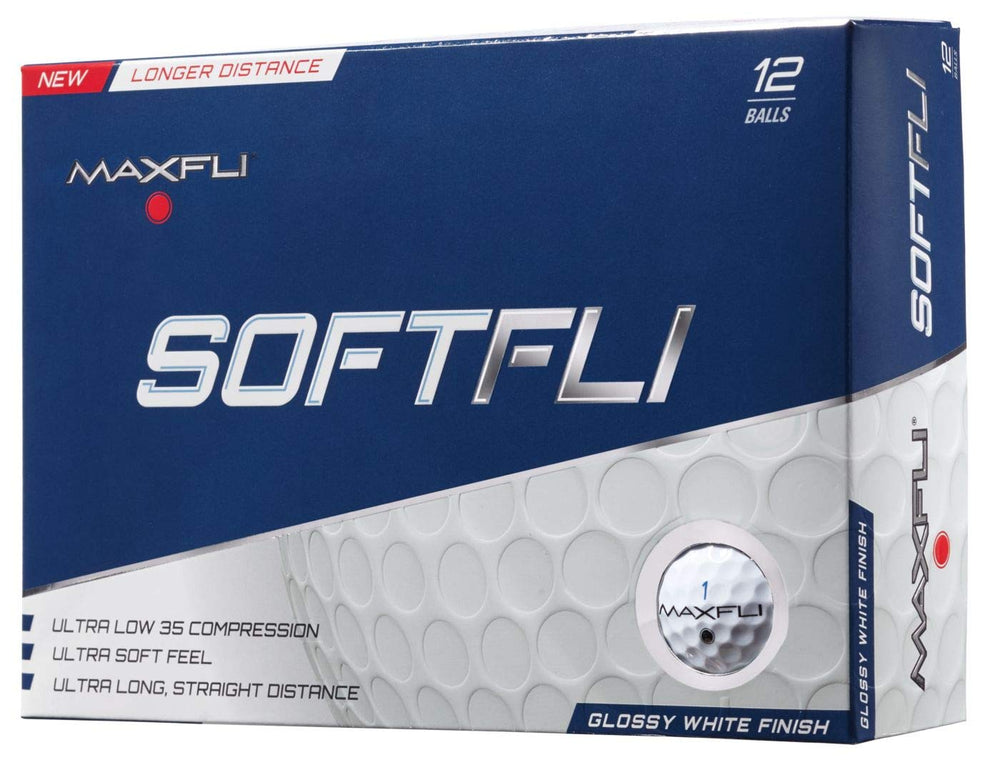 Maxfli SoftFli Gloss golf balls front packaging showing white balls and brand for easy identification