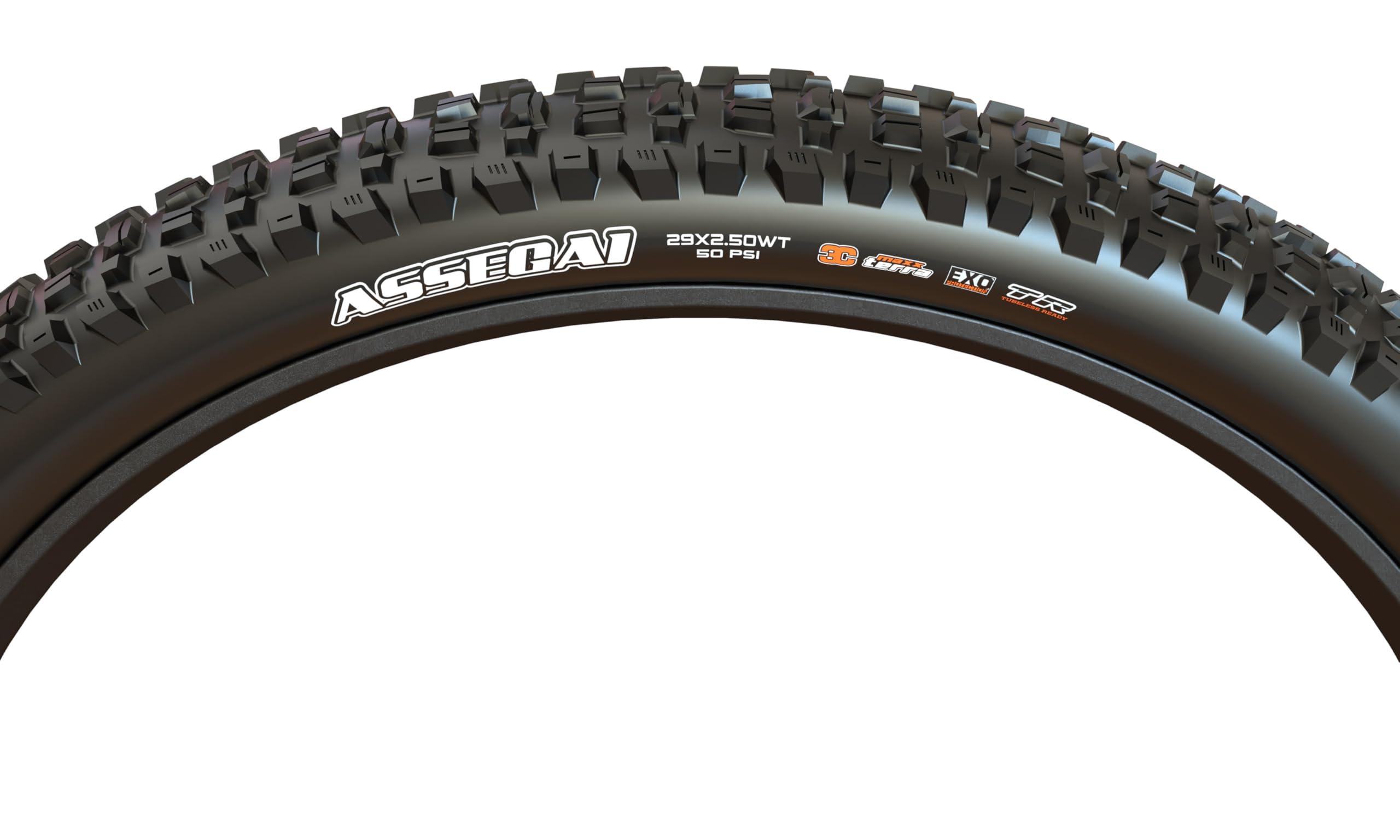 Maxxis Assegai tread pattern detail demonstrating confident braking