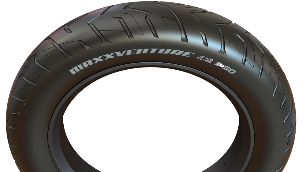 Maxxis MaxxVenture mounted on e-bike demonstrating wide 20x4.0 contact patch for stability