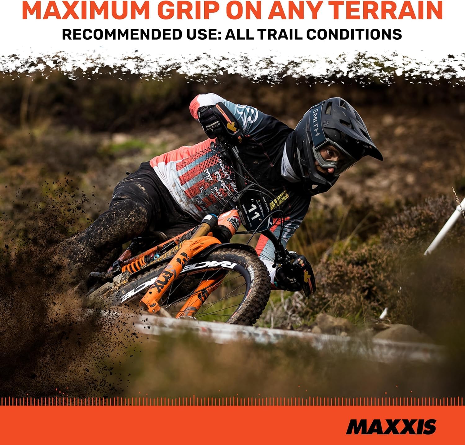 Maxxis lifestyle shot of rider descending to show confidence and stability