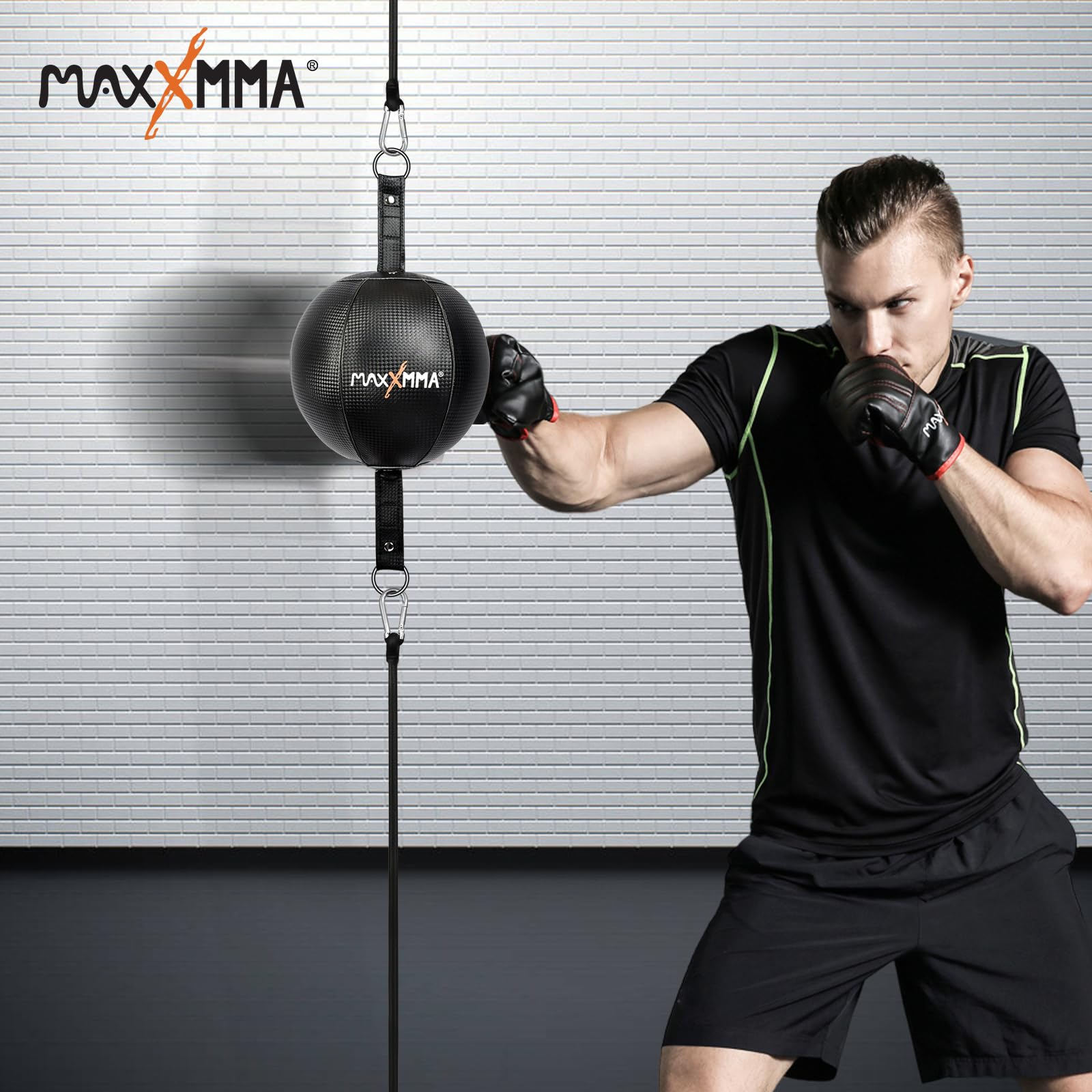MaxxMMA double end ball next to a water bottle illustrating compact size and easy storage