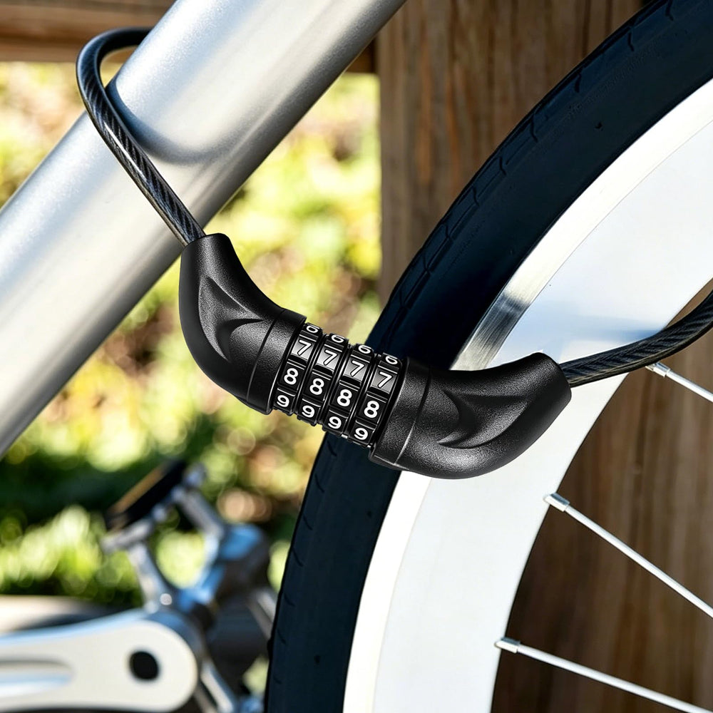 Mbeysaq cable wrapped around pole and e-bike, showing flexible long reach