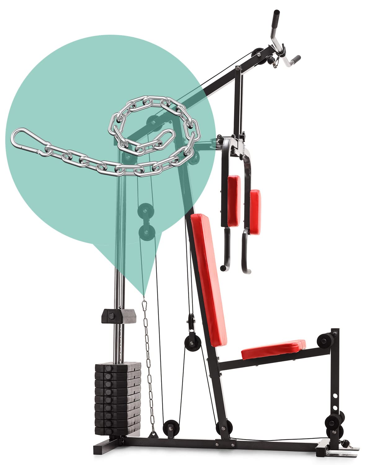 Mbotnee chain attached to lat pulldown bar showing increased range of motion