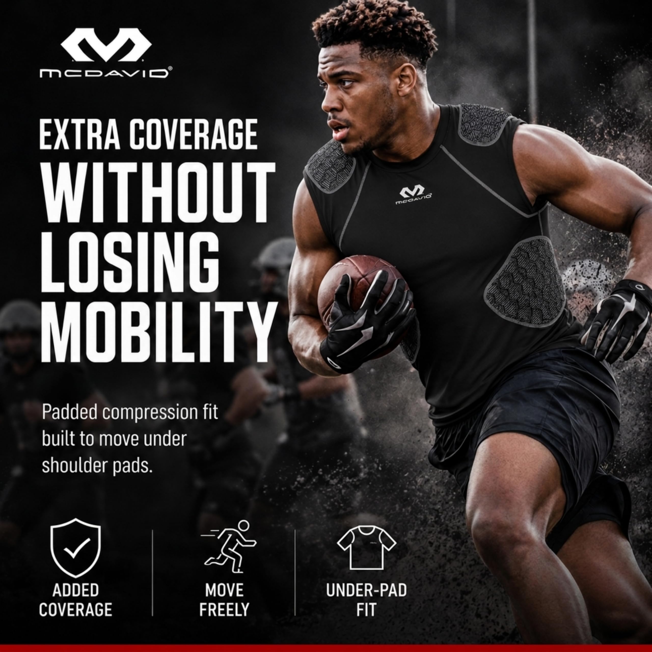 McDavid Rival fabric and seam detail illustrating 6-thread flatlock strength and comfort