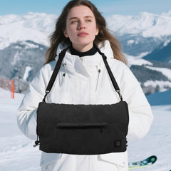 MDSTOP front view of heated hand muff showing zip and strap benefit quick warmth