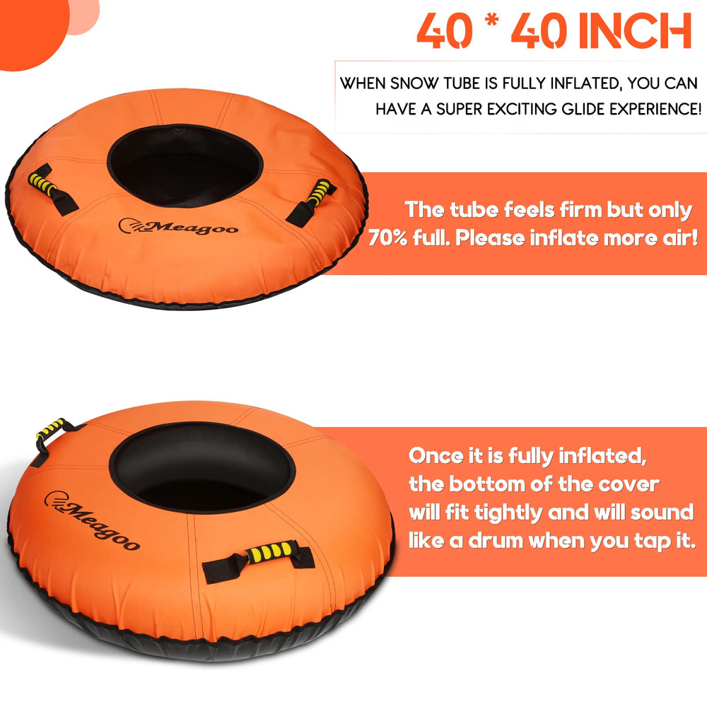 Meagoo adult sliding down snowy hill for fast, cushioned winter fun