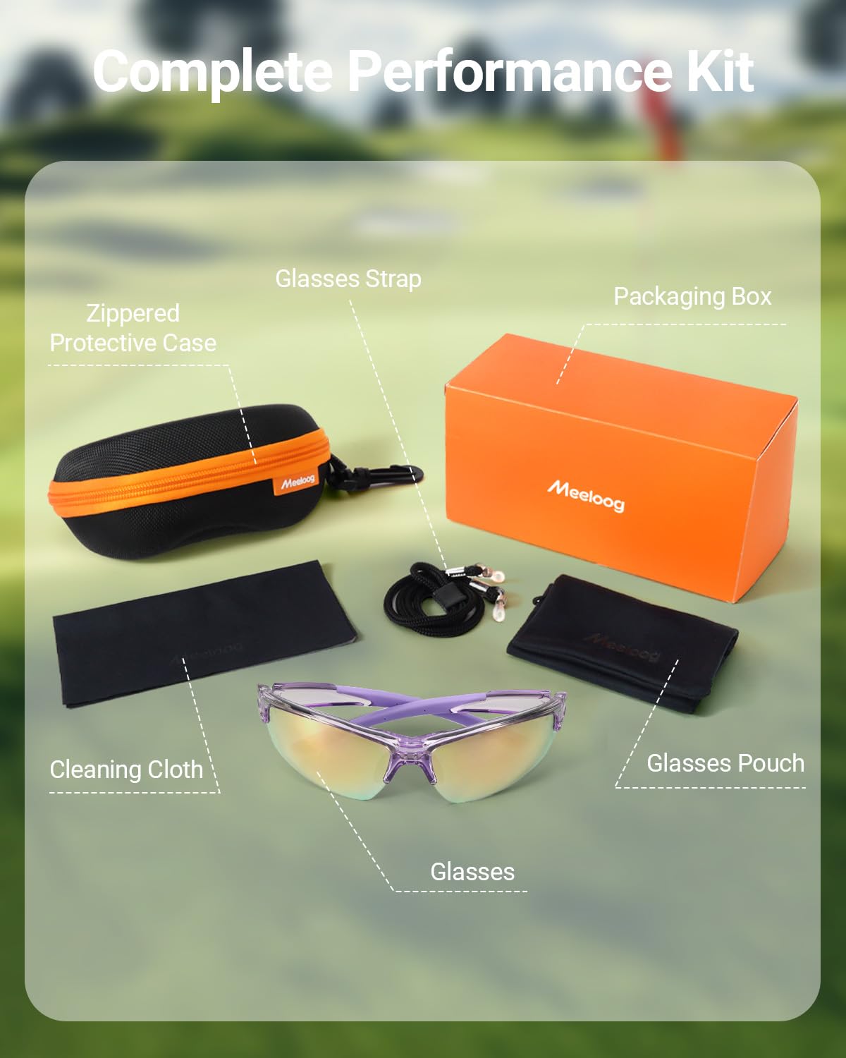 Meeloog packaging and accessories showing included protection and care benefit