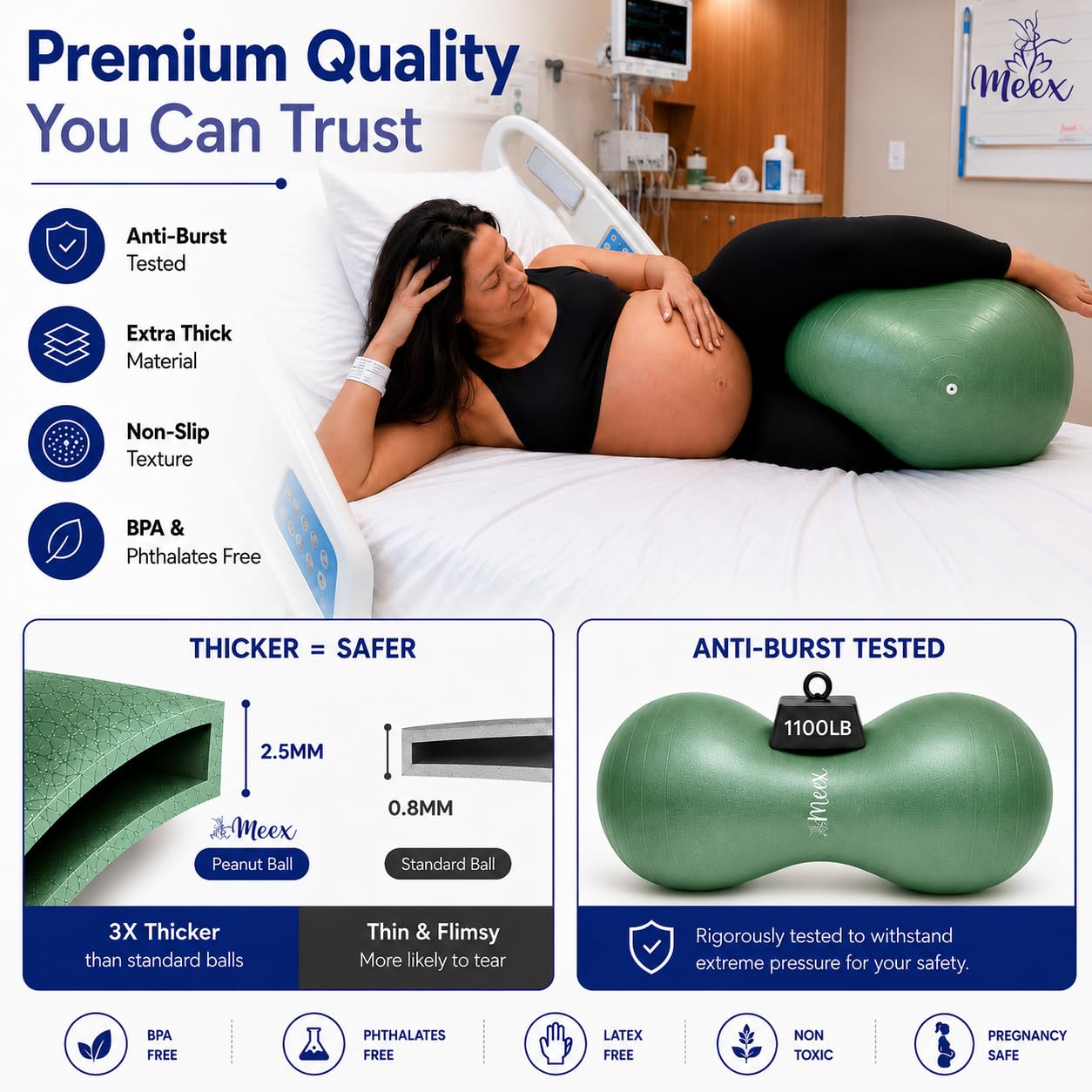Meex peanut ball side profile inflated demonstrating pelvic support