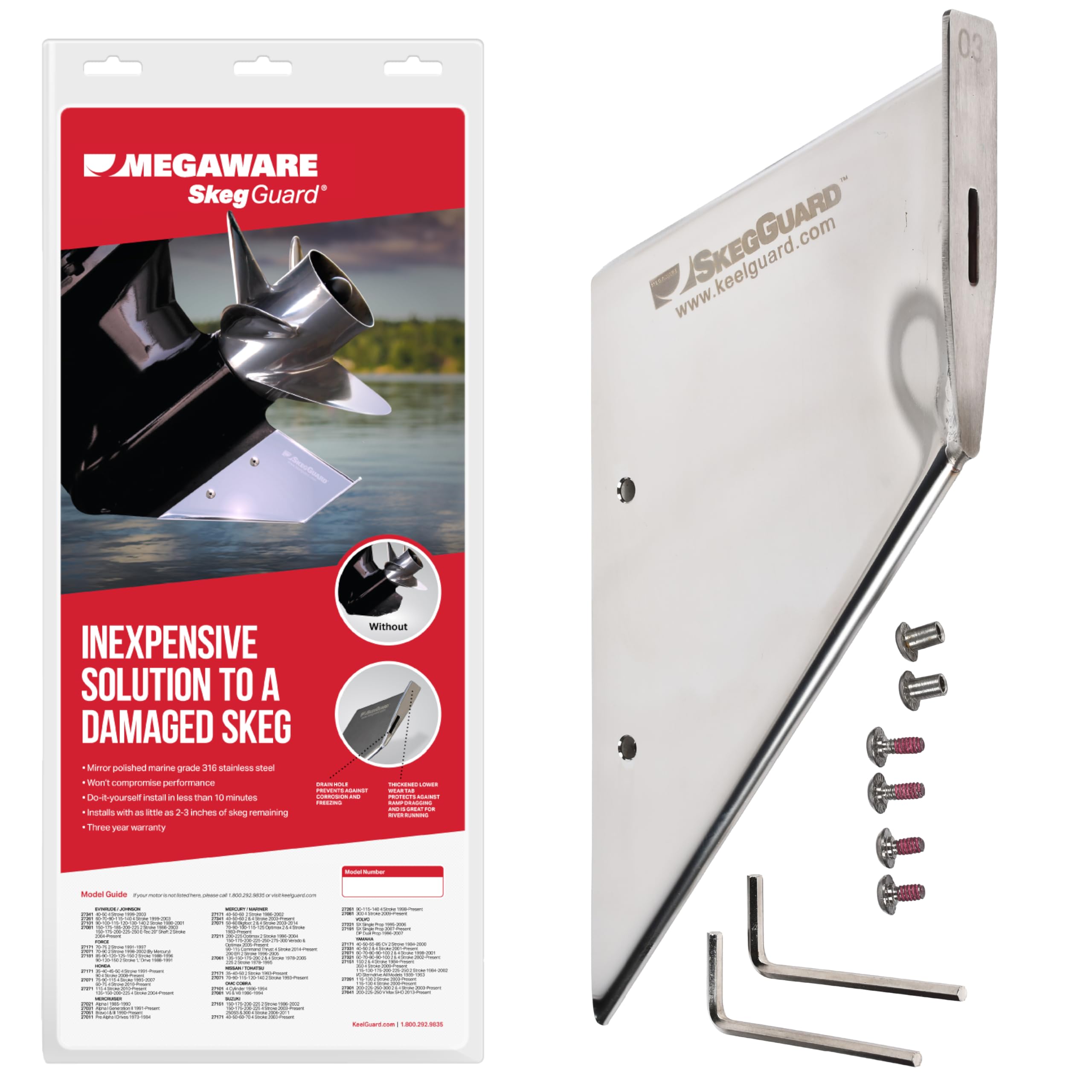 MEGAWARE KEELGUARD front view showing full skeg protector and corrosion resistance