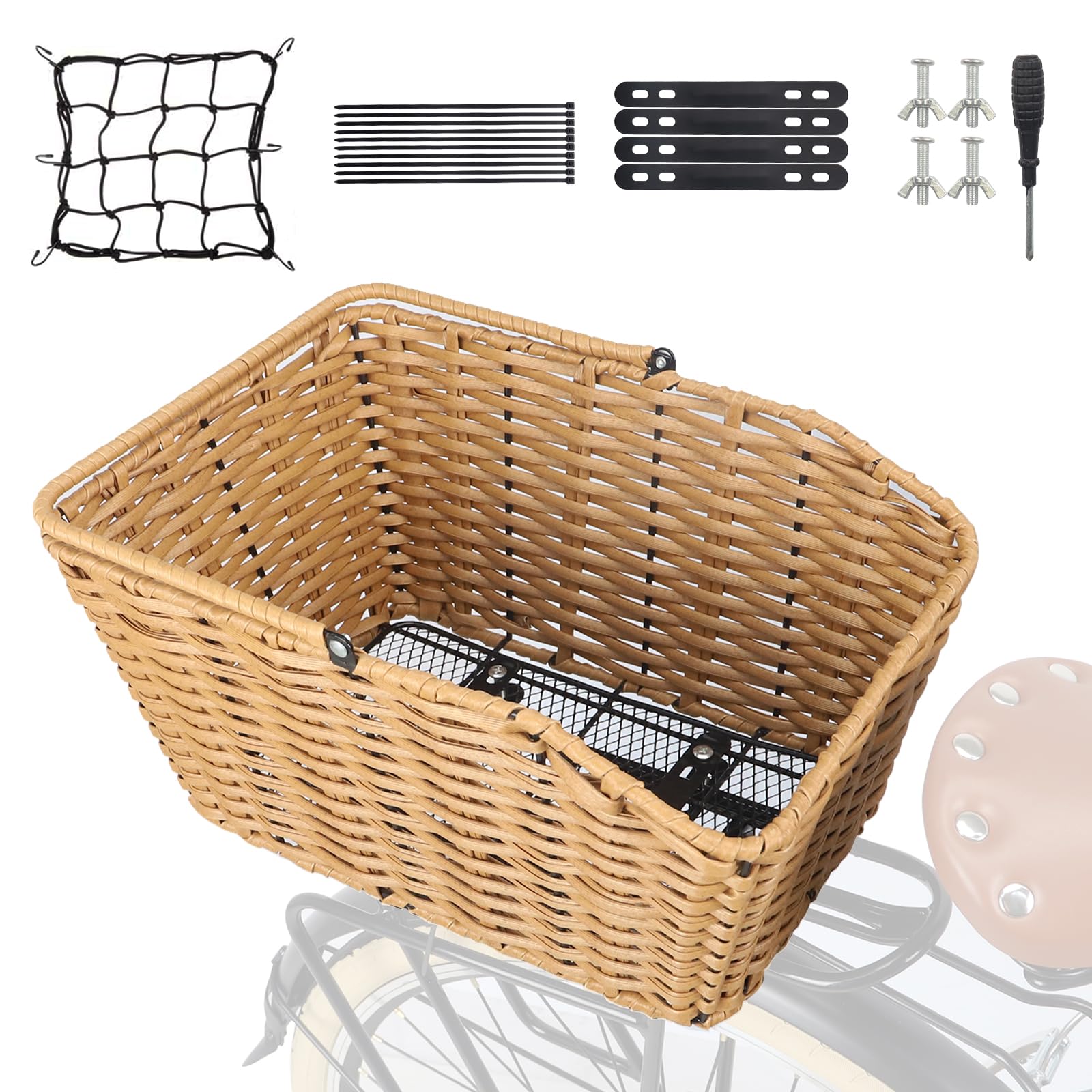 MEGHNA front view of the woven rear bike basket showing design and capacity benefit