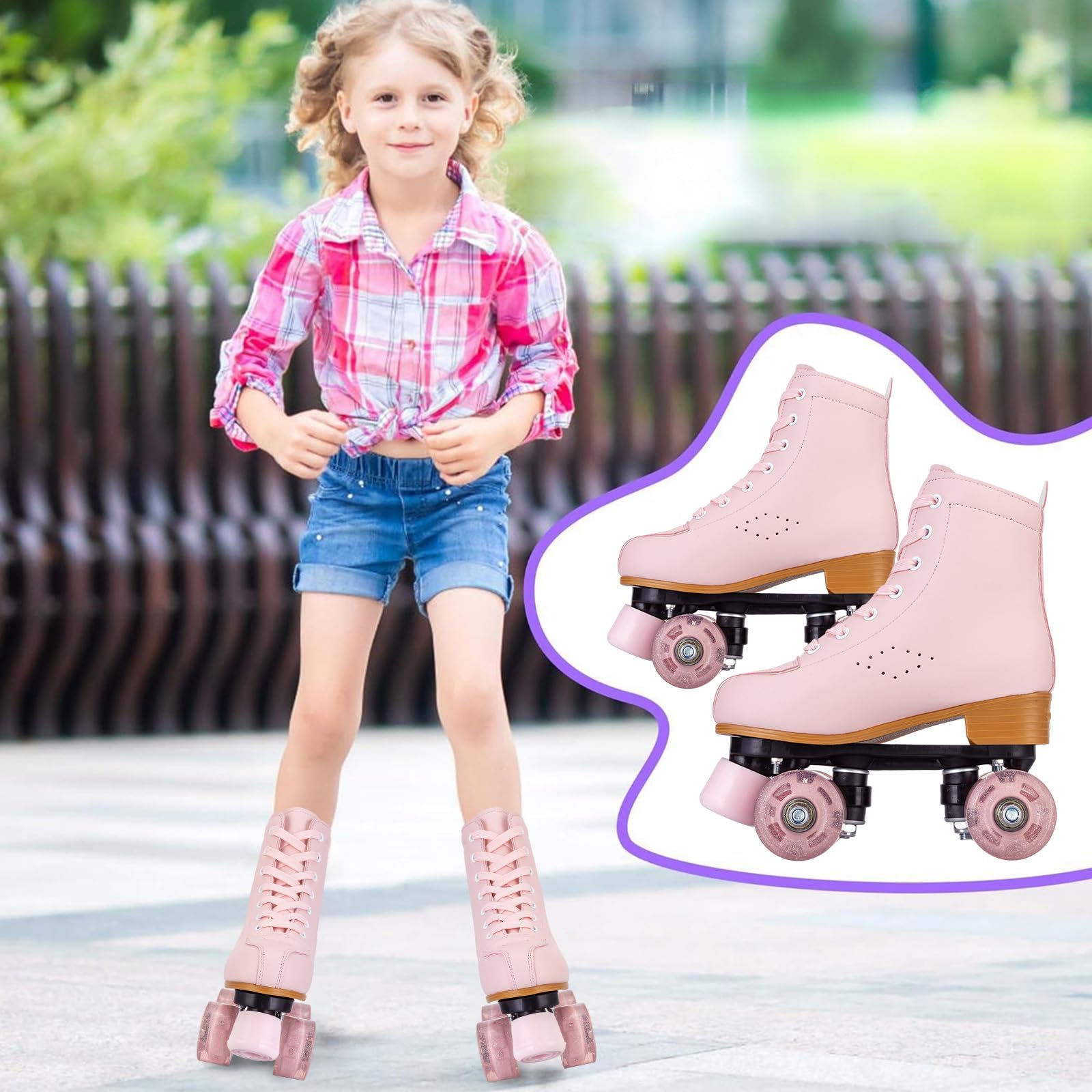 MEIGLQEA skates worn on outdoor path demonstrating versatile use