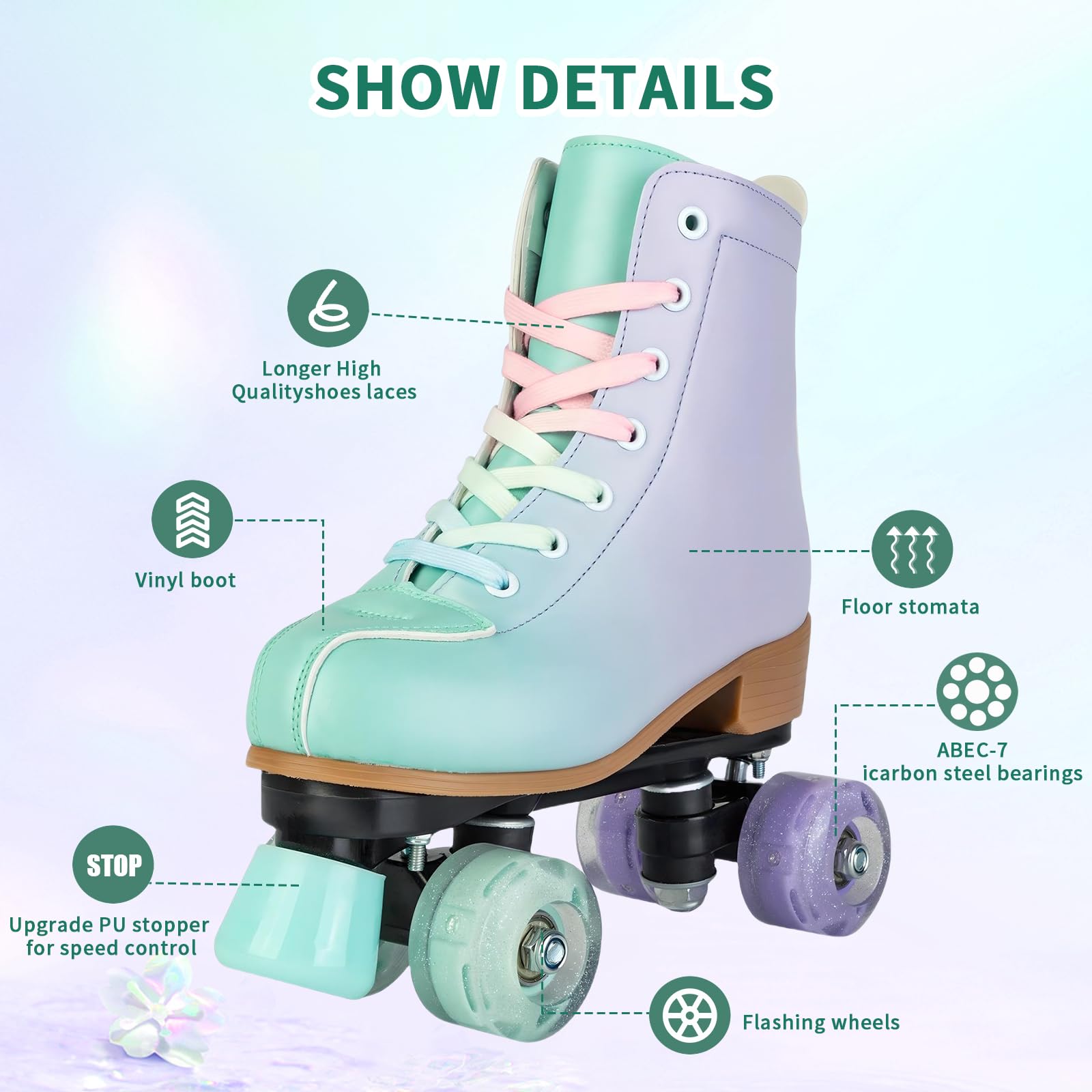 MEIGLQEA side view highlighting green-to-purple gradient and colorful laces for stylish wear