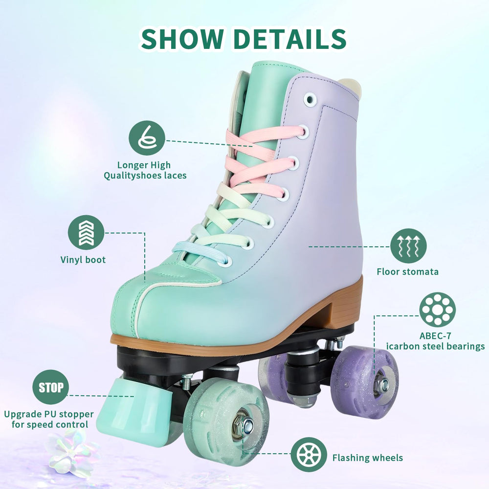 MEIGLQEA side view highlighting green-to-purple gradient and colorful laces for stylish wear