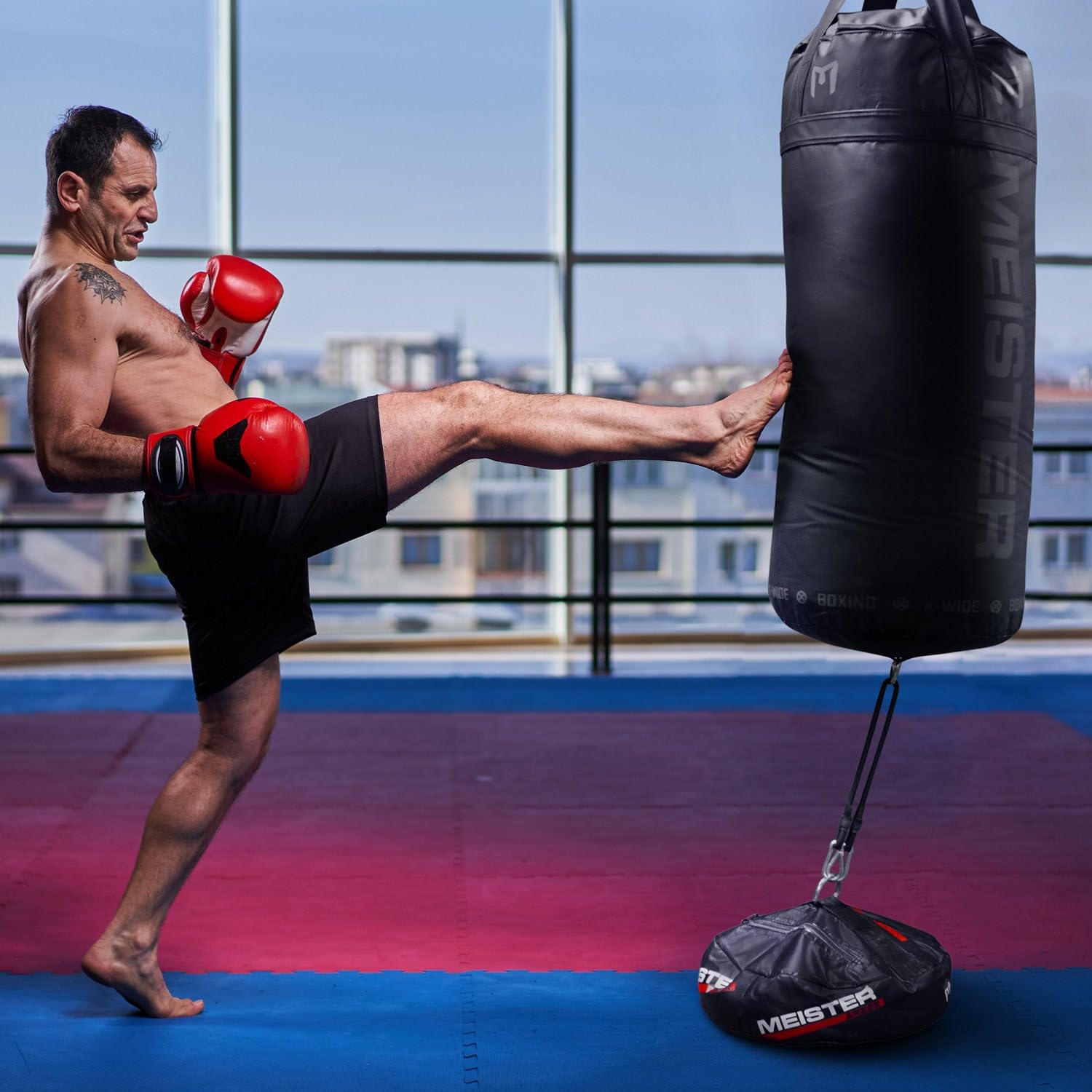 Meister ANKER under a hanging bag in a home gym showing steady training