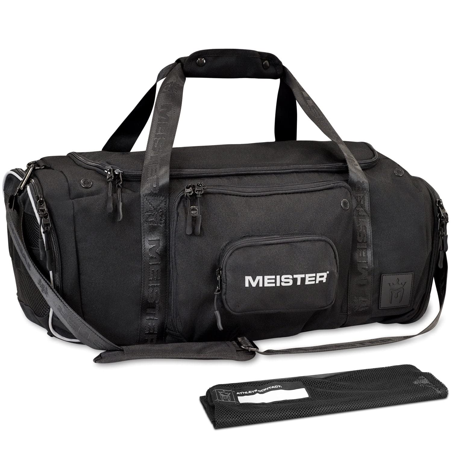 Meister front view of black duffel showing organized compartments and capacity benefit