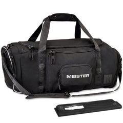 Meister front view of black duffel showing organized compartments and capacity benefit