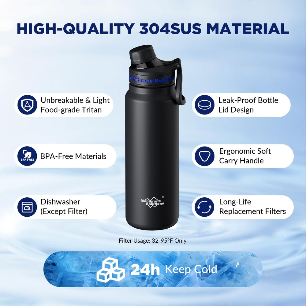 Membrane Solutions bottle held on a hiking trail, portable clean-water access outdoors