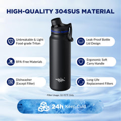 Membrane Solutions bottle held on a hiking trail, portable clean-water access outdoors