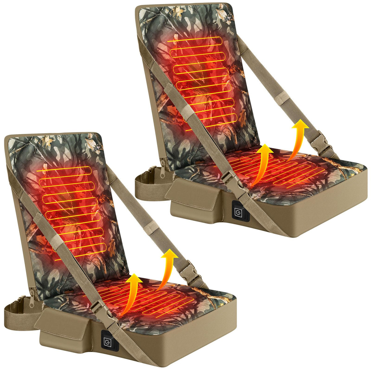 Menkxi front view heated seat and backrest showing camo design and USB port for warmth