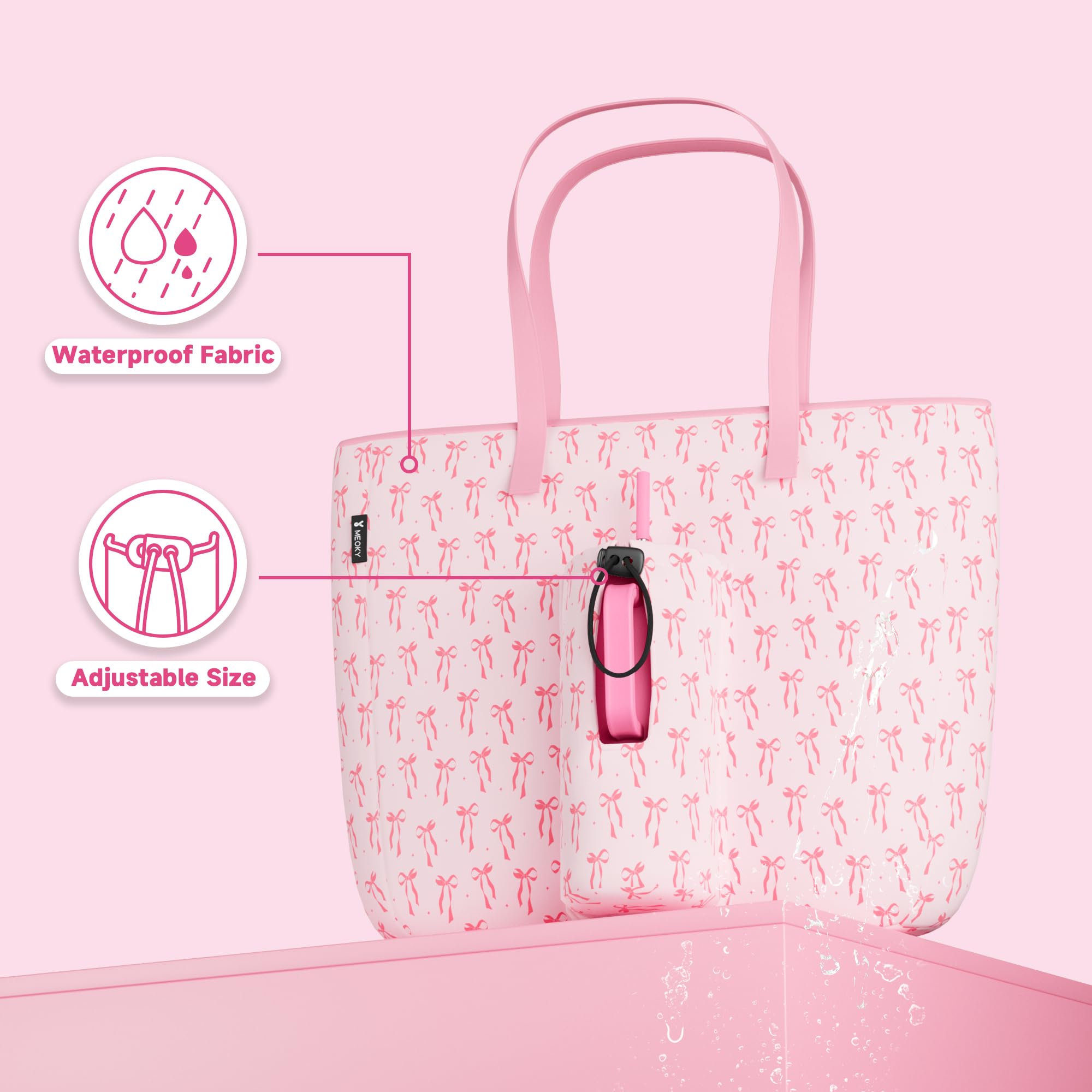 Meoky tote next to 40 oz tumbler showing size compatibility benefit