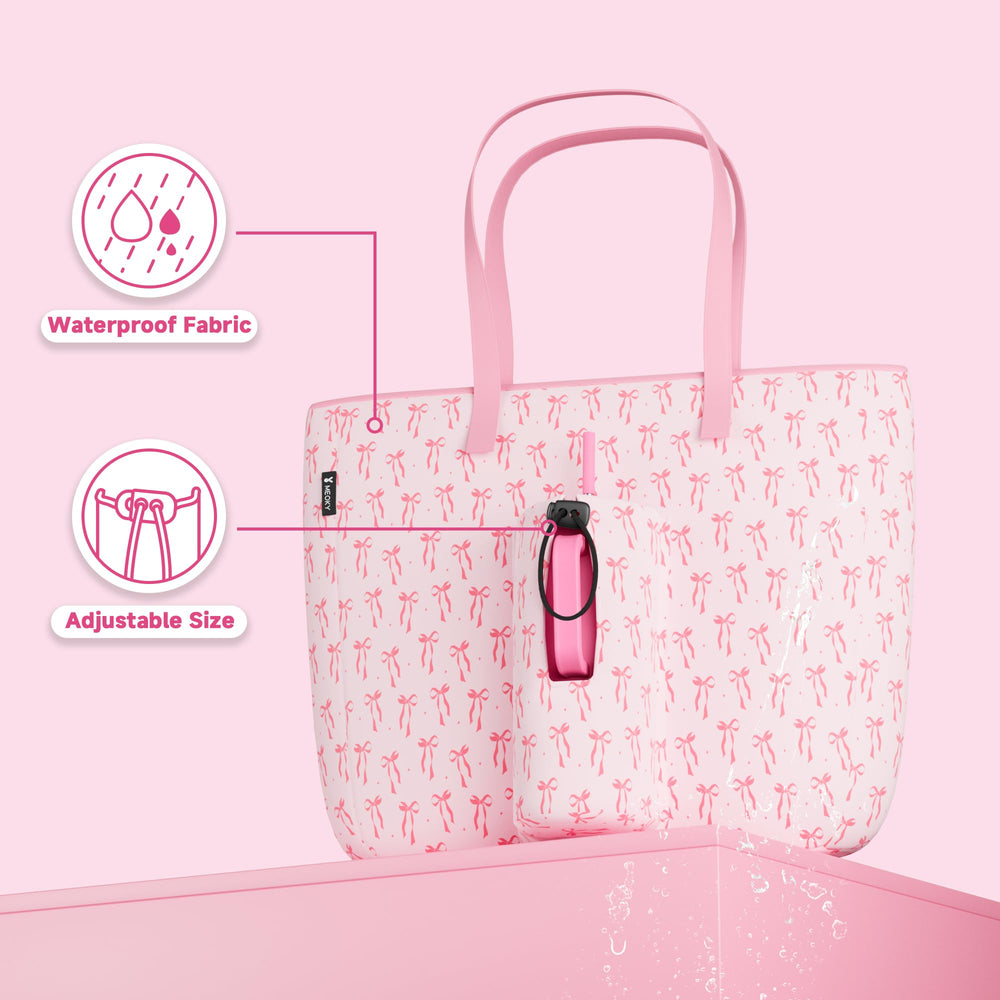 Meoky tote next to 40 oz tumbler showing size compatibility benefit