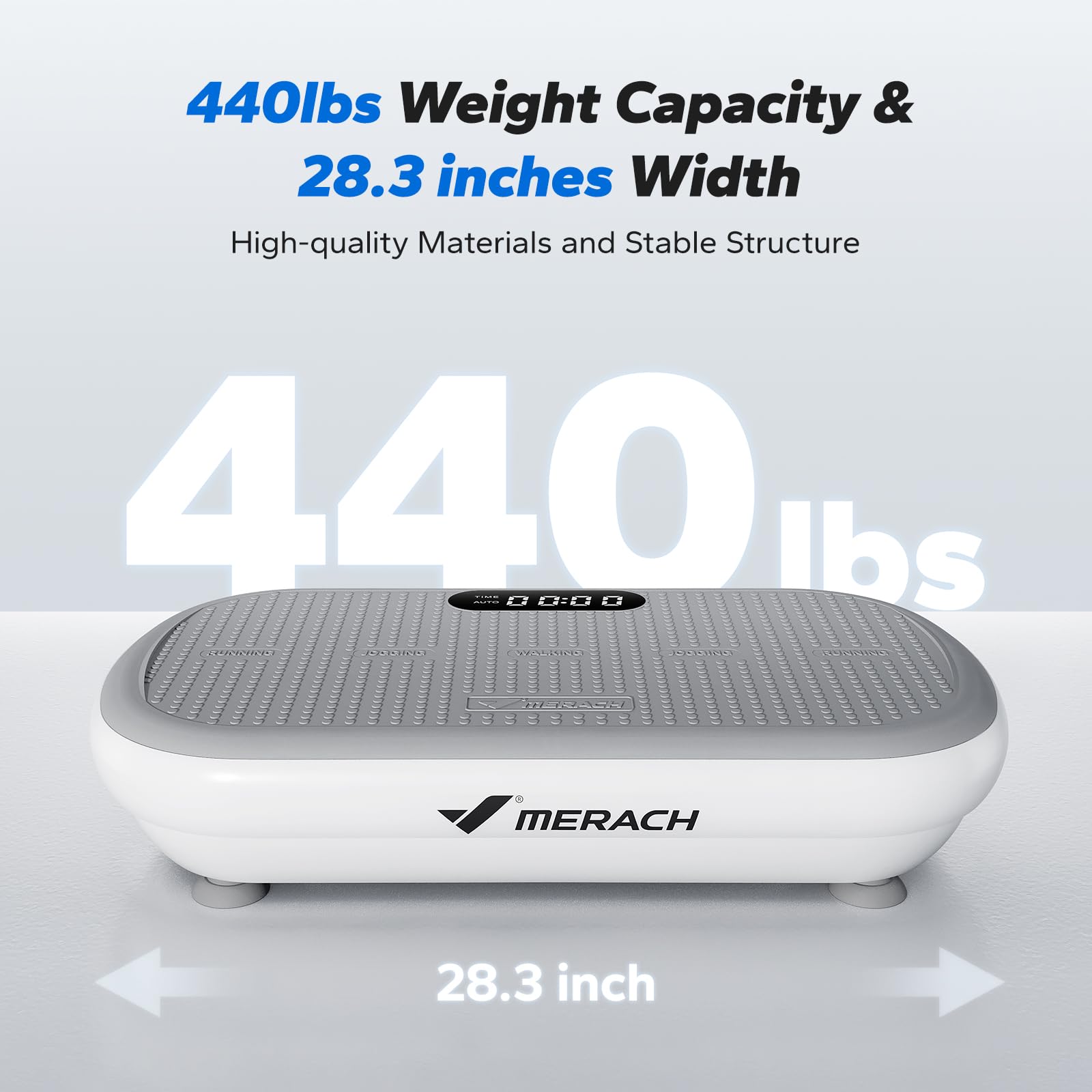 MERACH size comparison with dumbbell highlighting compact footprint and portability