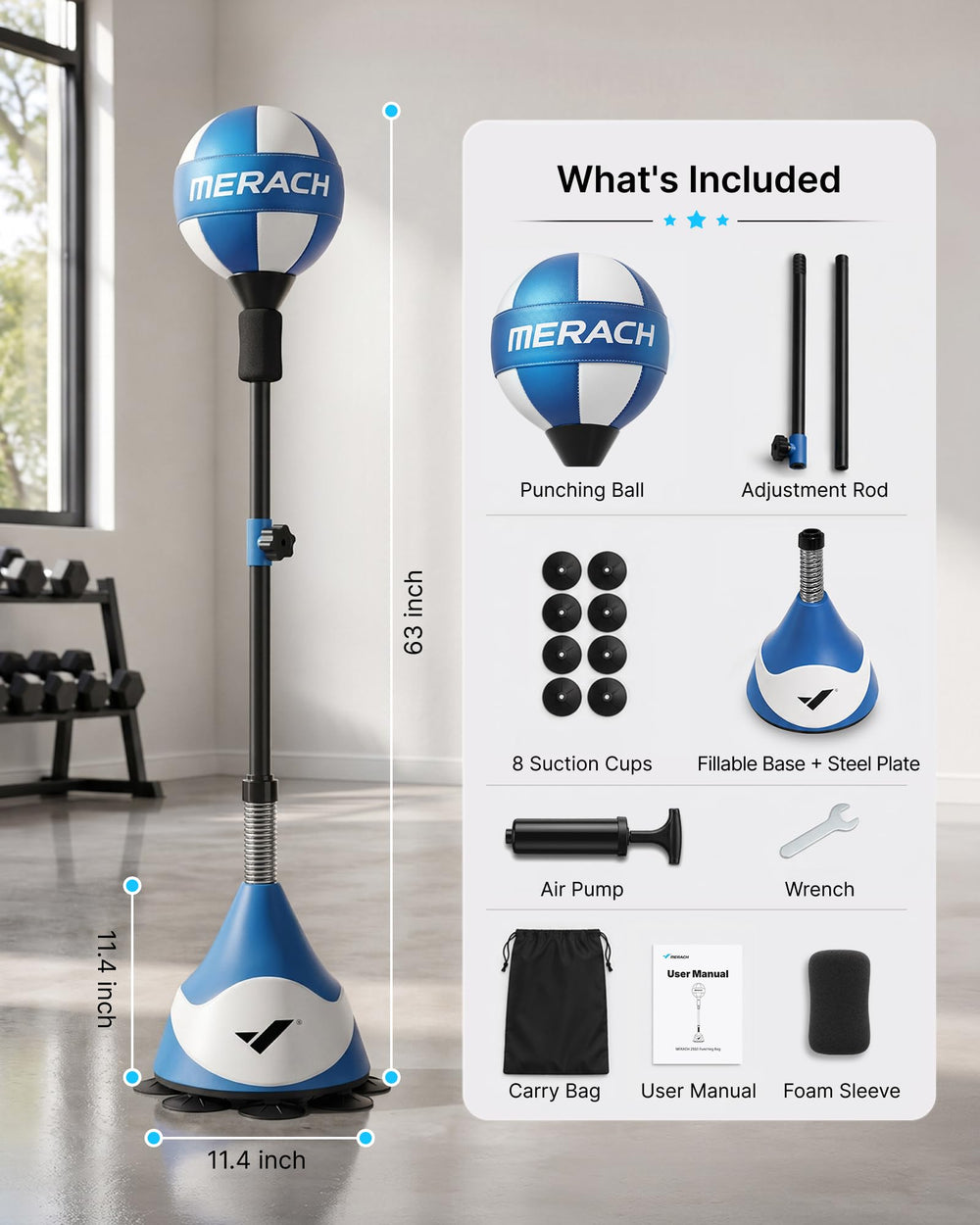 MERACH size comparison with person demonstrating adjustable height range