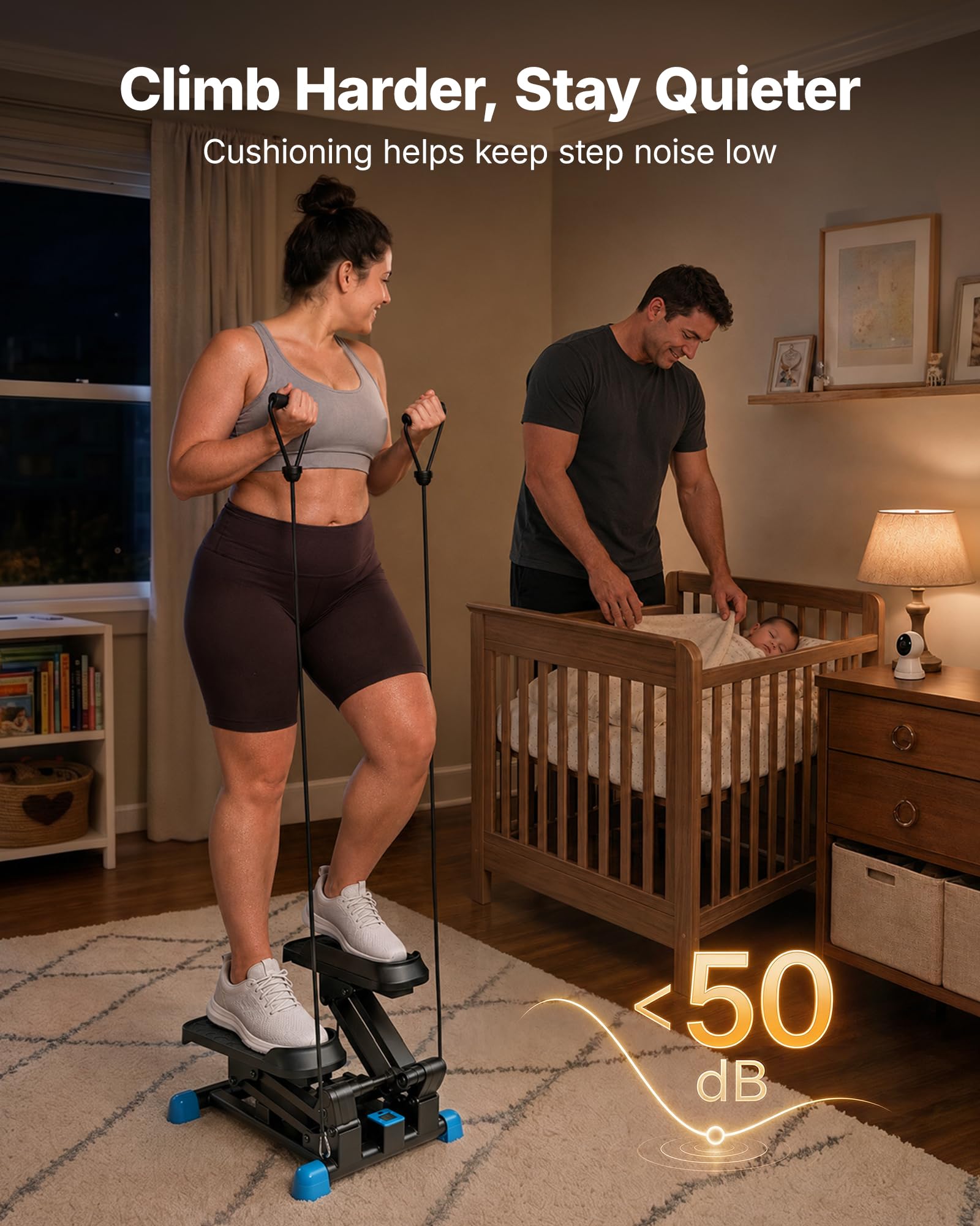 MERACH stepper next to chair illustrating compact size for easy storage