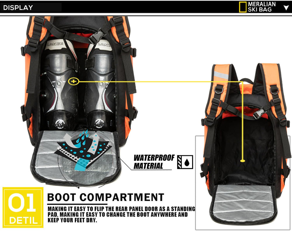 MERALIAN bag beside a ski boot showing true scale and travel convenience benefit