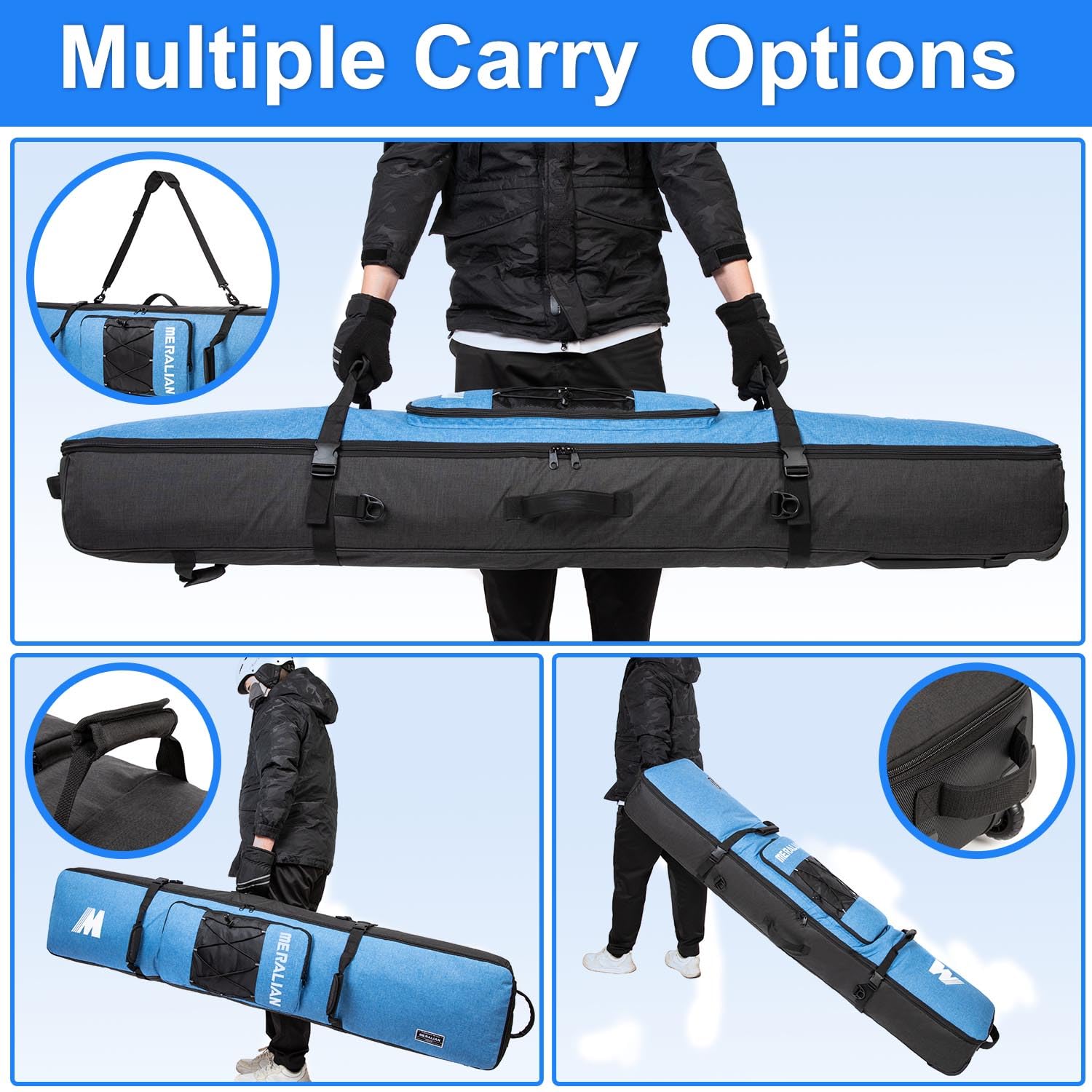 MERALIAN bag with snowboard inside comparing size to show fit for up to 170 cm