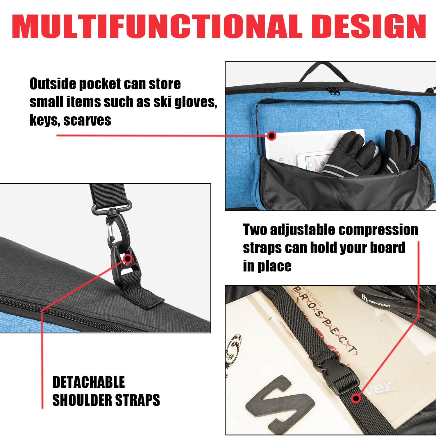 MERALIAN bag beside a snowboard to show 155cm size and fit confidence benefit