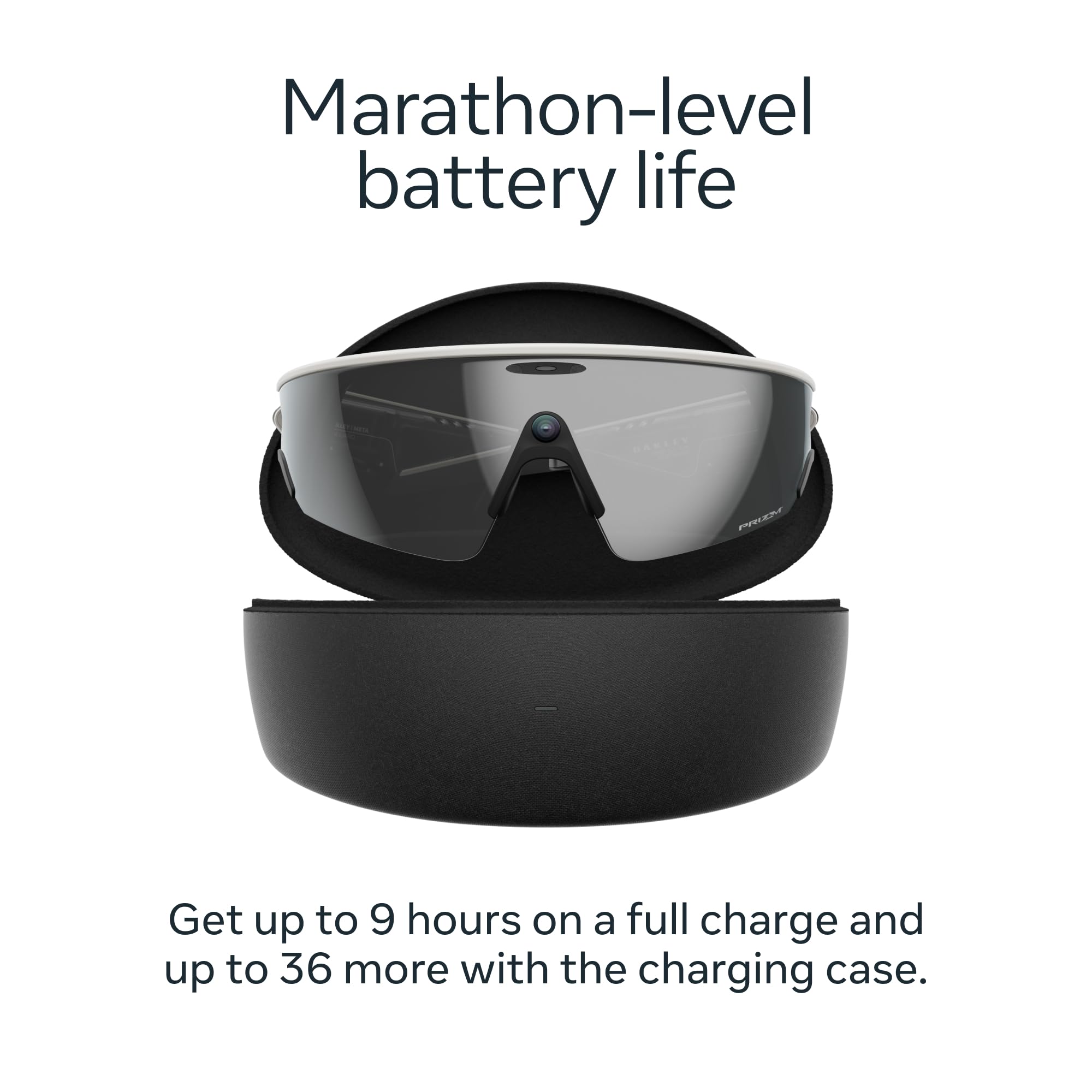 Meta Oakley Vanguard in hand next to charging case, demonstrates portable power and scale
