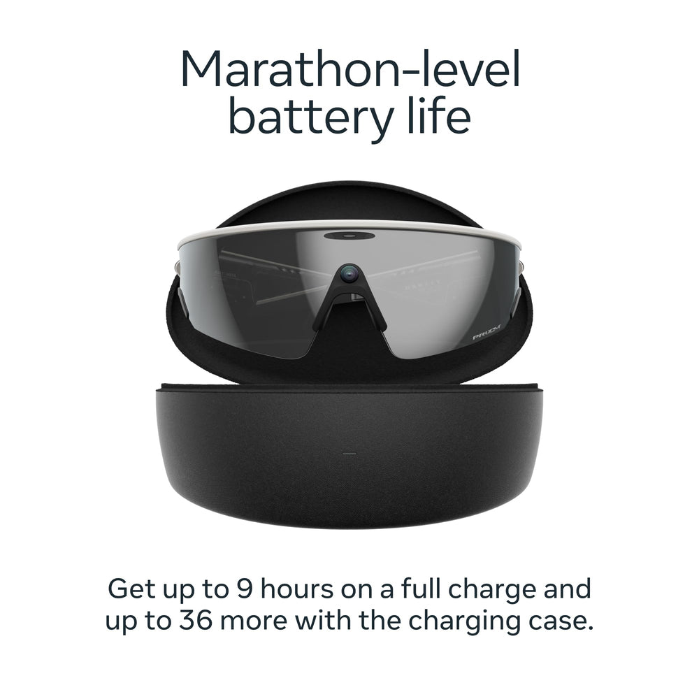 Meta Oakley Vanguard in hand next to charging case, demonstrates portable power and scale