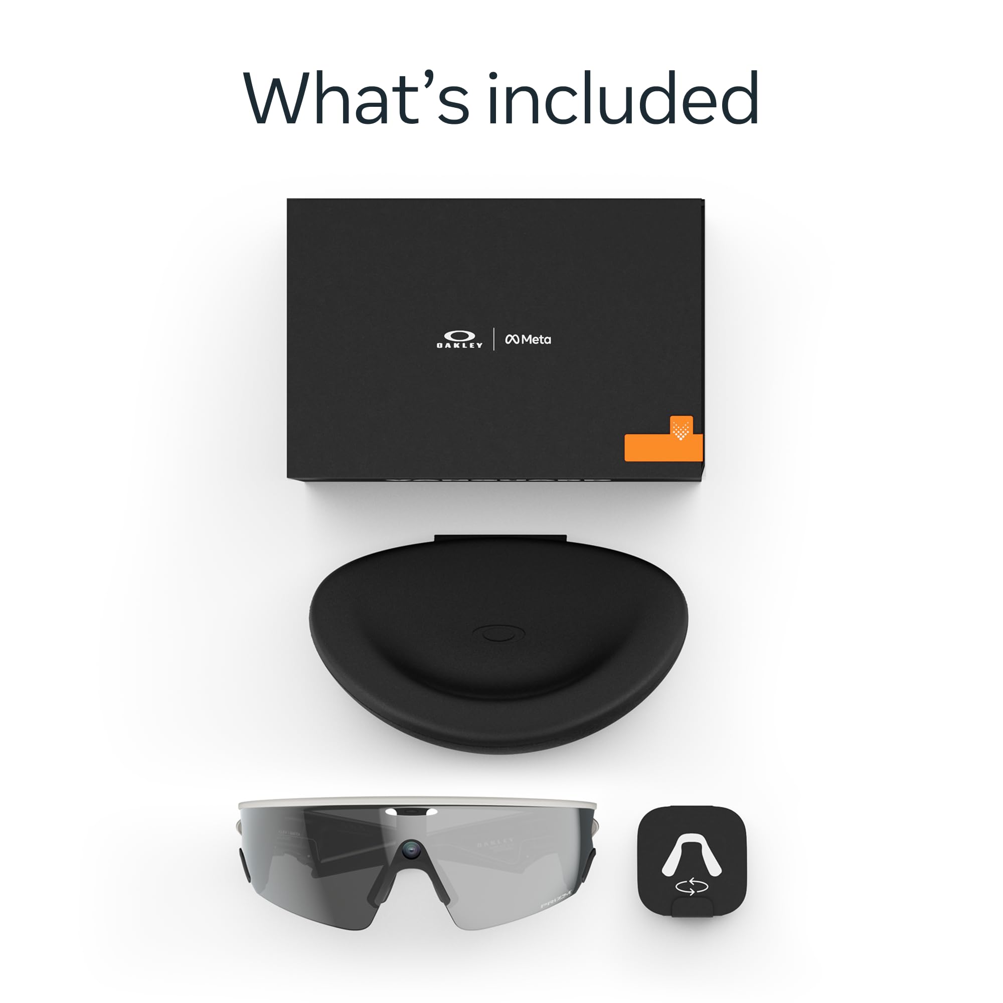 Meta Oakley Vanguard packaging and accessories spread, shows included case and charging gear