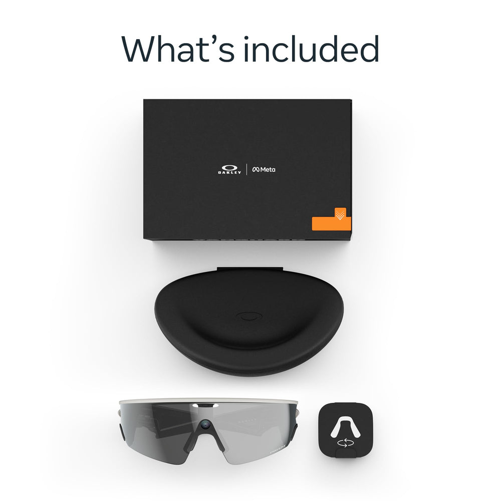 Meta Oakley Vanguard packaging and accessories spread, shows included case and charging gear