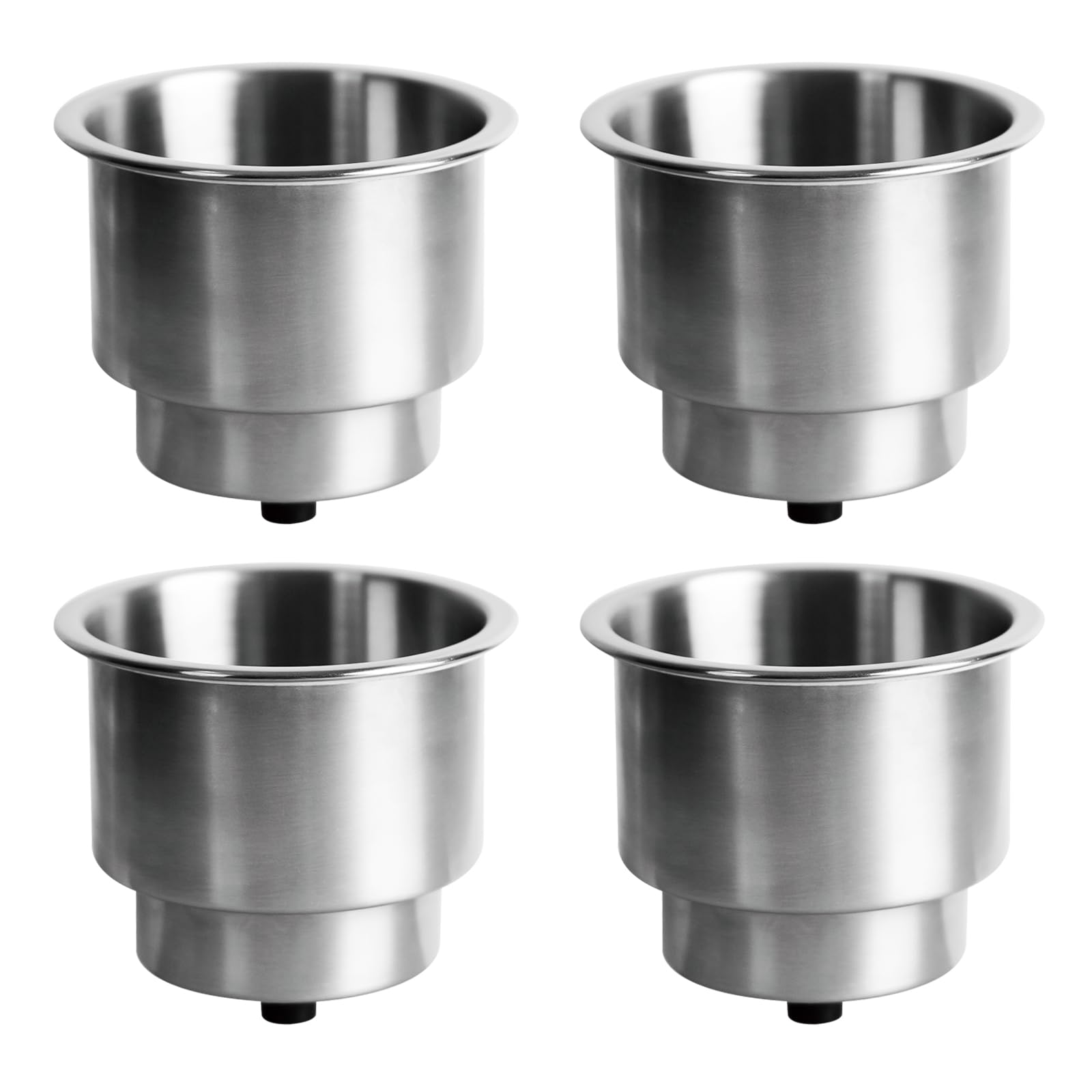 METRAXION front view of four stainless steel cup holders showing polished finish and mounting flange for durable use