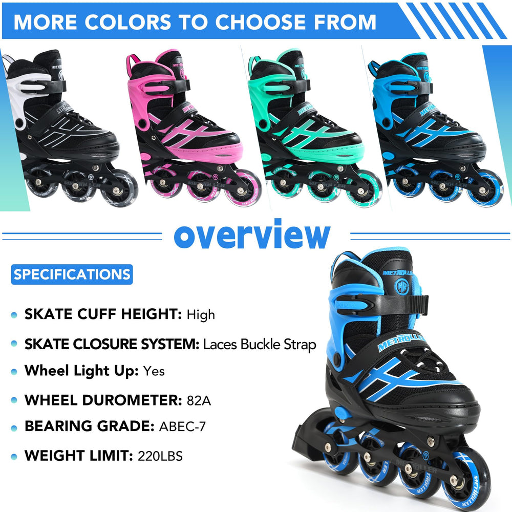 METROLLER skates on child foot showing size range and fit benefit