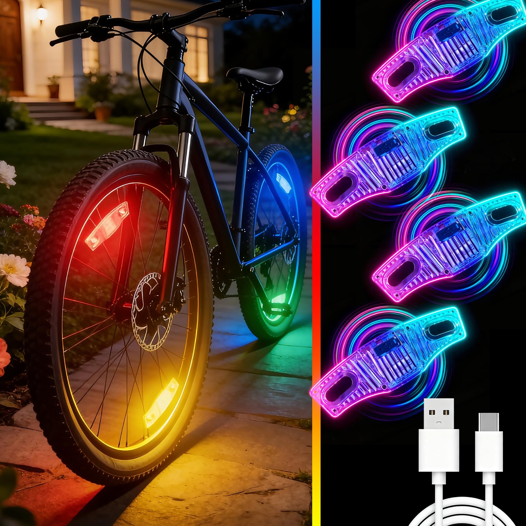 MH Brighter front packaging showing four rechargeable wheel lights and cable for easy gifting