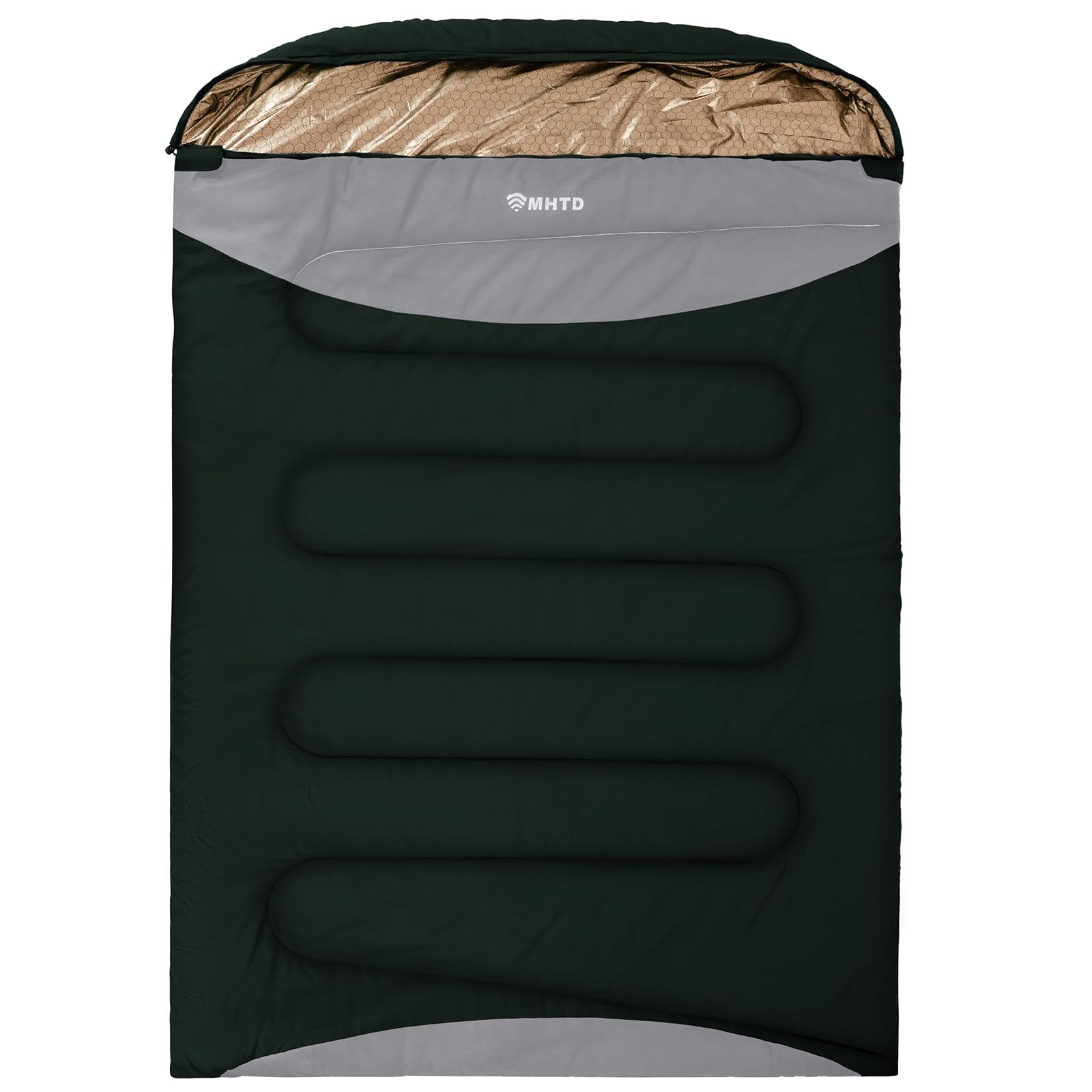 MHTD double sleeping bag front view showing durable canvas and size benefit