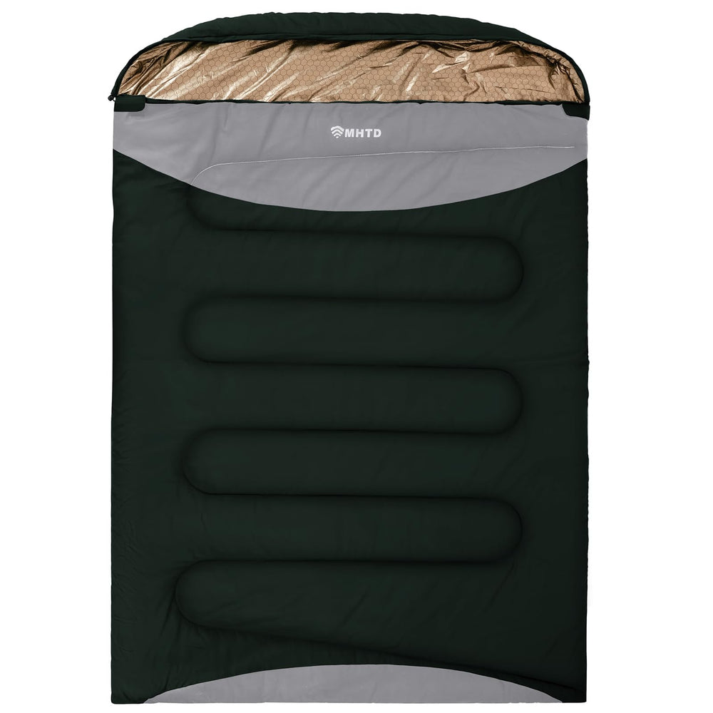 MHTD double sleeping bag front view showing durable canvas and size benefit
