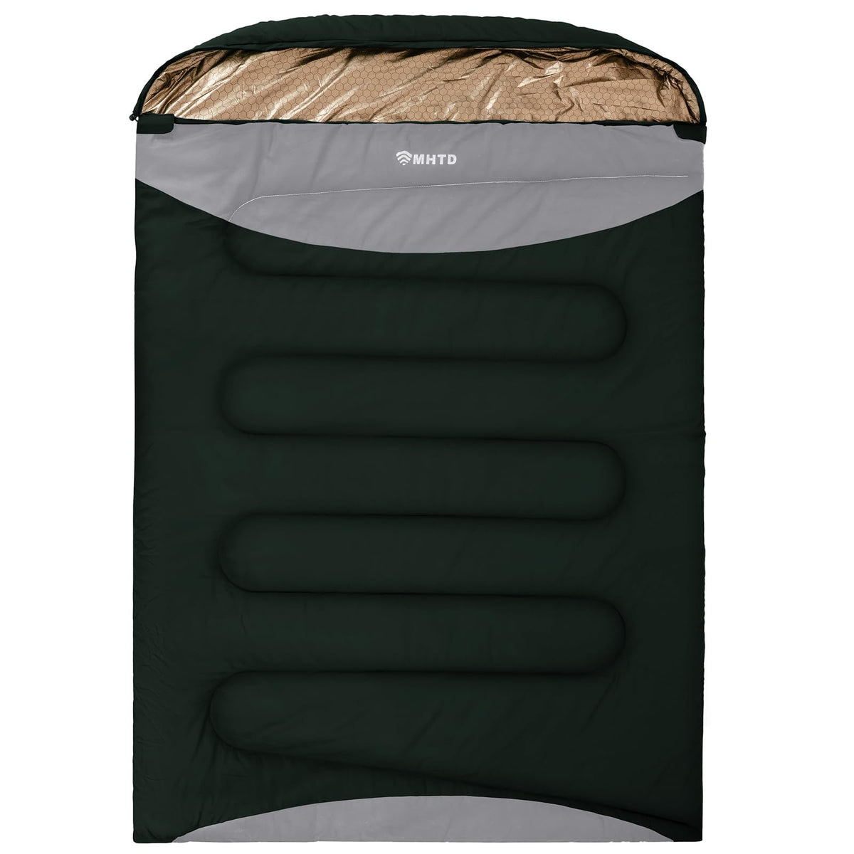 MHTD double sleeping bag front view showing durable canvas and size benefit
