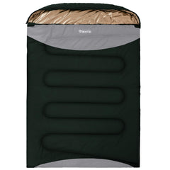 MHTD double sleeping bag front view showing durable canvas and size benefit