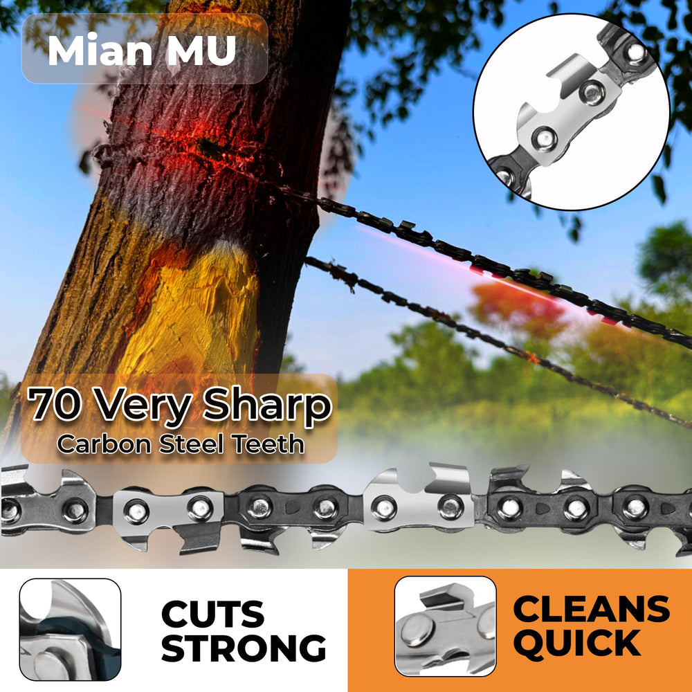 MIAN MU chain close-up showing 70 teeth and durable steel for faster cutting