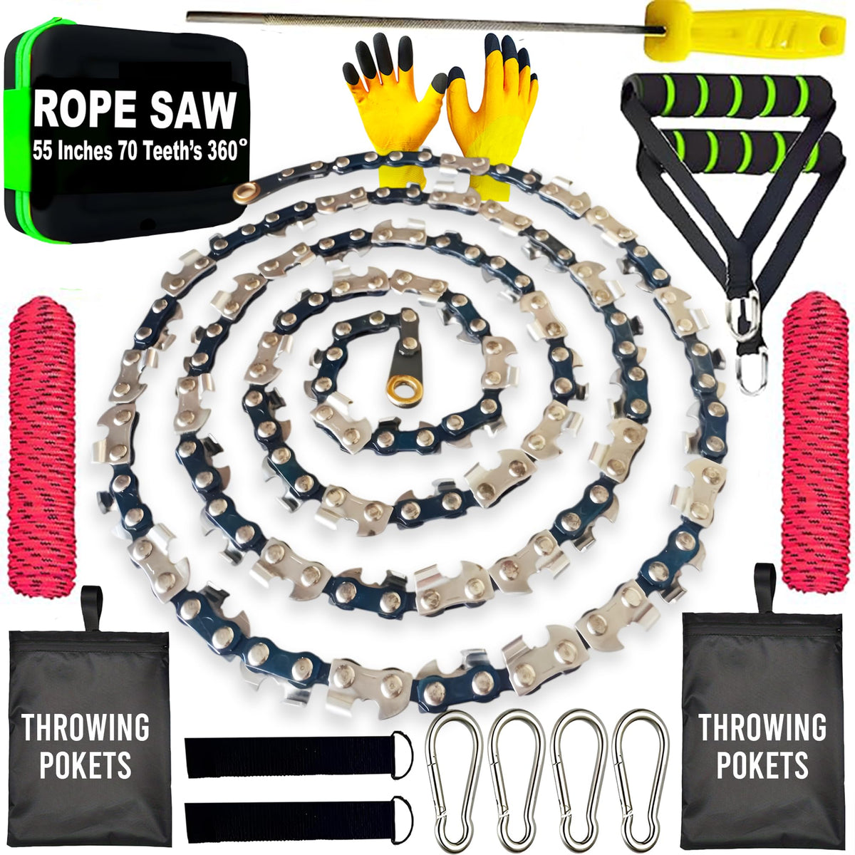 MIAN MU front packaging showing complete rope saw kit and components for quick setup