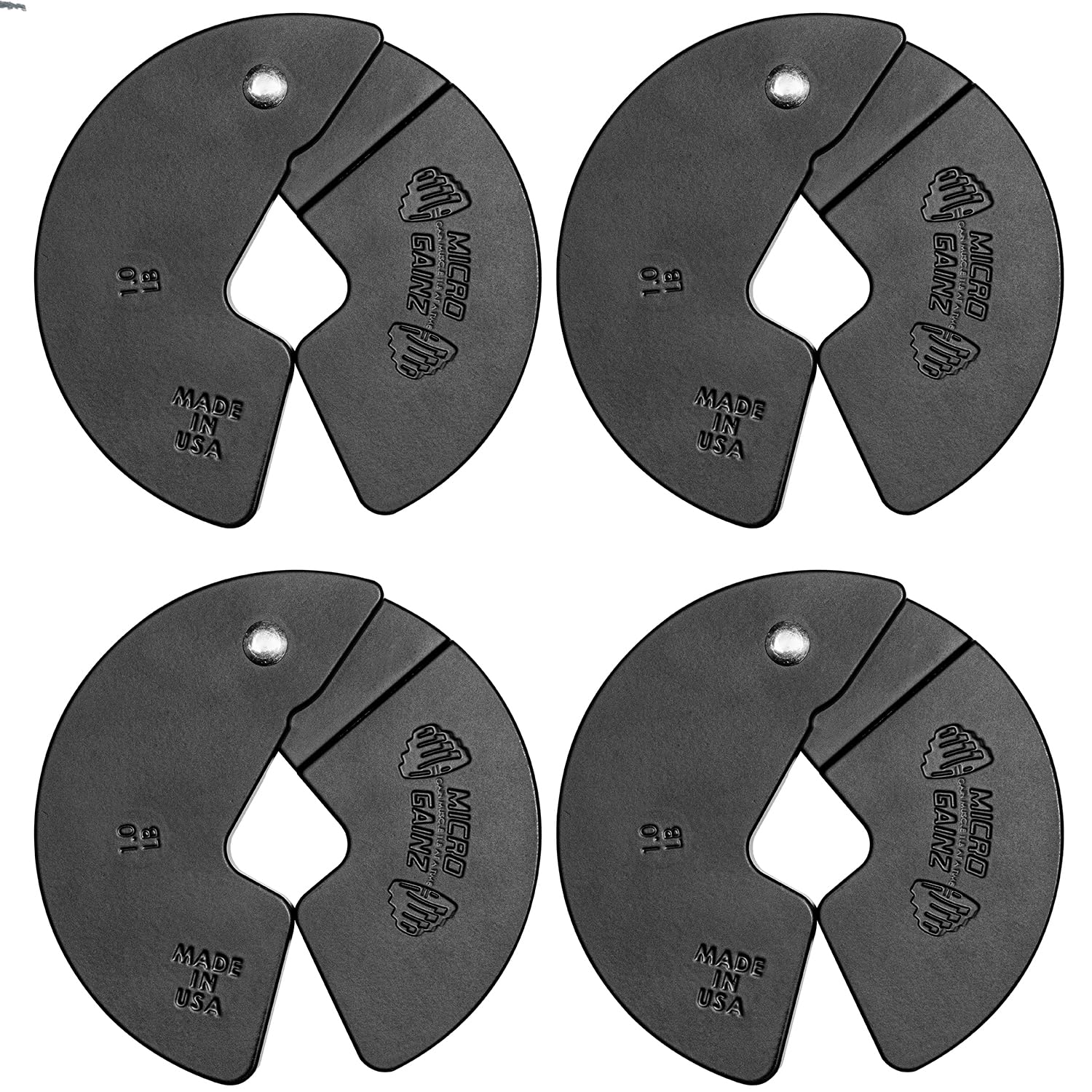 Micro Gainz front view of four 1lb plates showing compact profile and easy stacking benefit