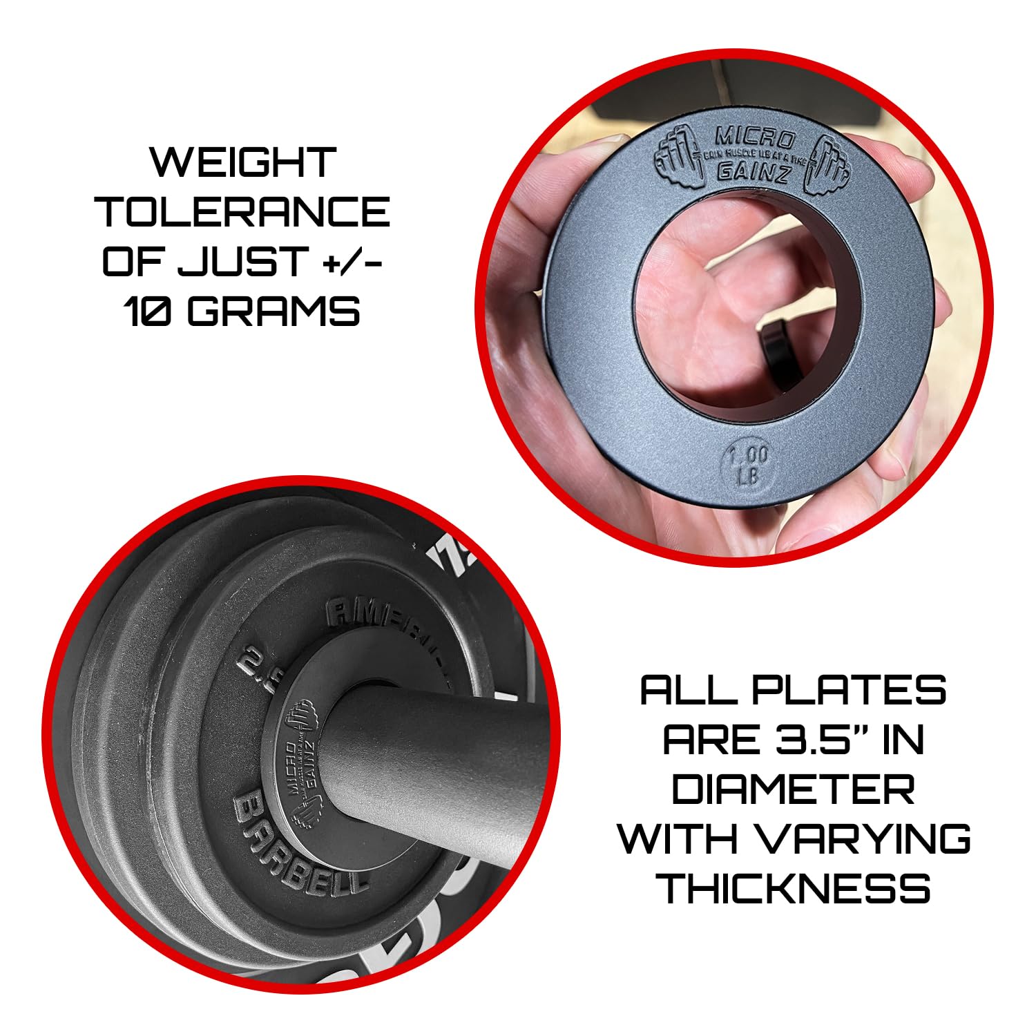 Micro Gainz plate edge showing stamped weight markings and calibration for accurate progressive loading