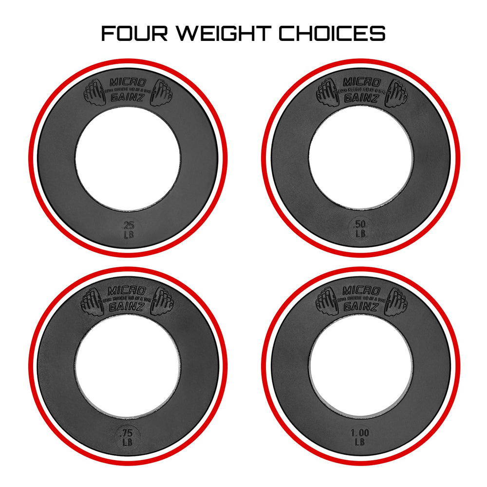 Micro Gainz stacked fractional plates beside a ruler to show compact size and easy sleeve management