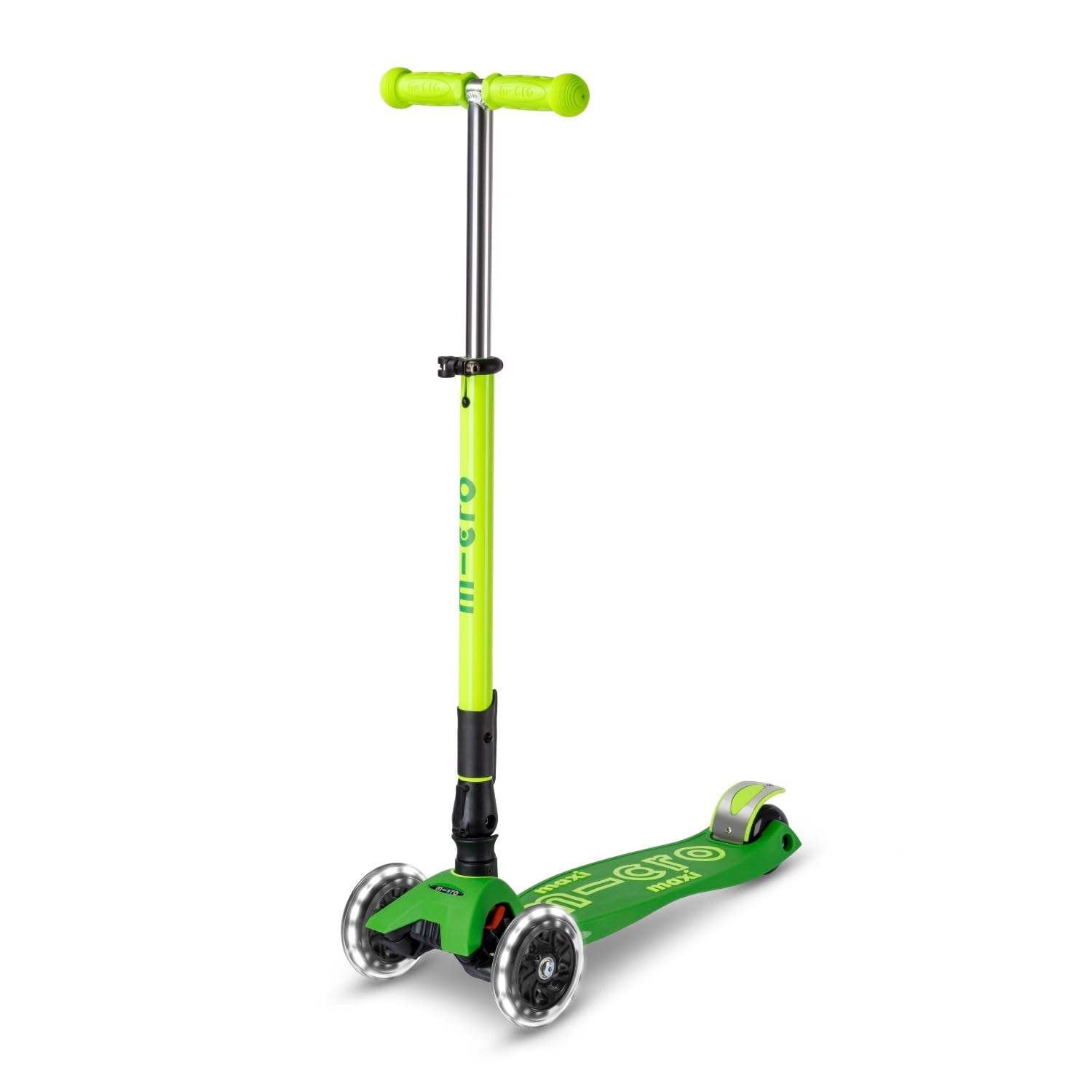 Micro front view of scooter showing stable three-wheel design and bright LED wheels