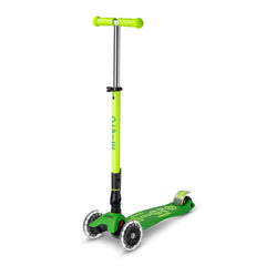 Micro front view of scooter showing stable three-wheel design and bright LED wheels